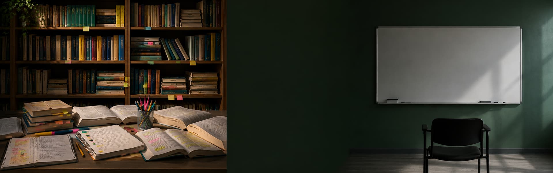Study notes and books next to an empty classroom chair