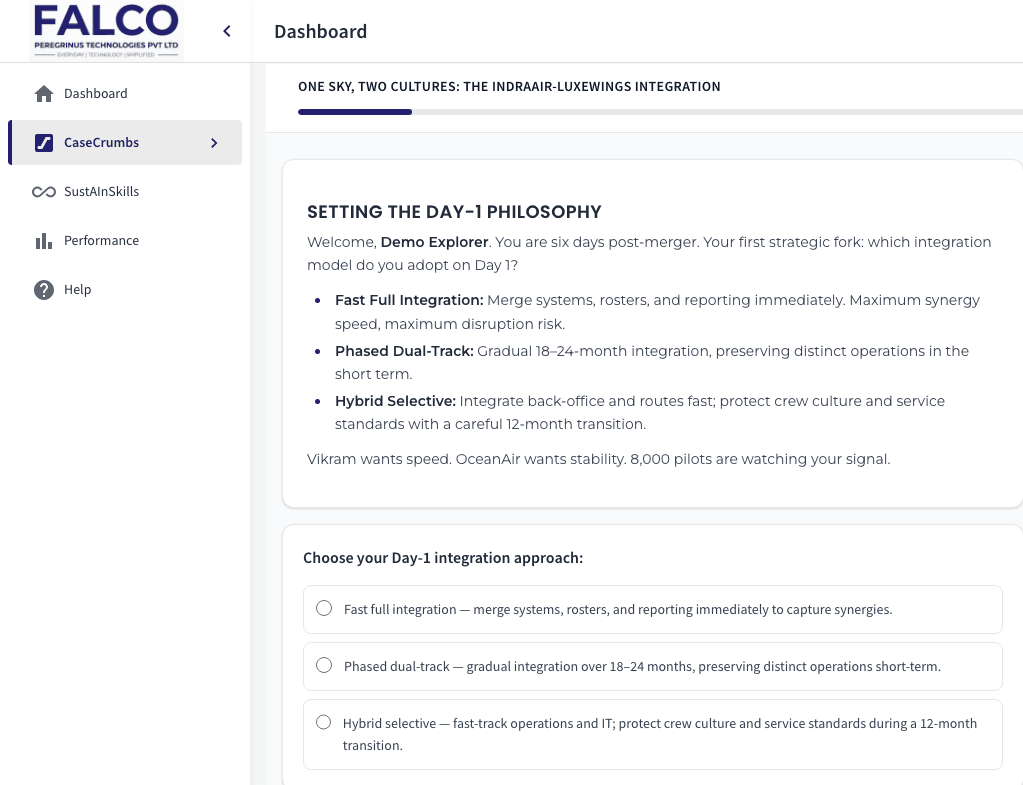 CaseCrumbs scenario screen with a live decision and answer options